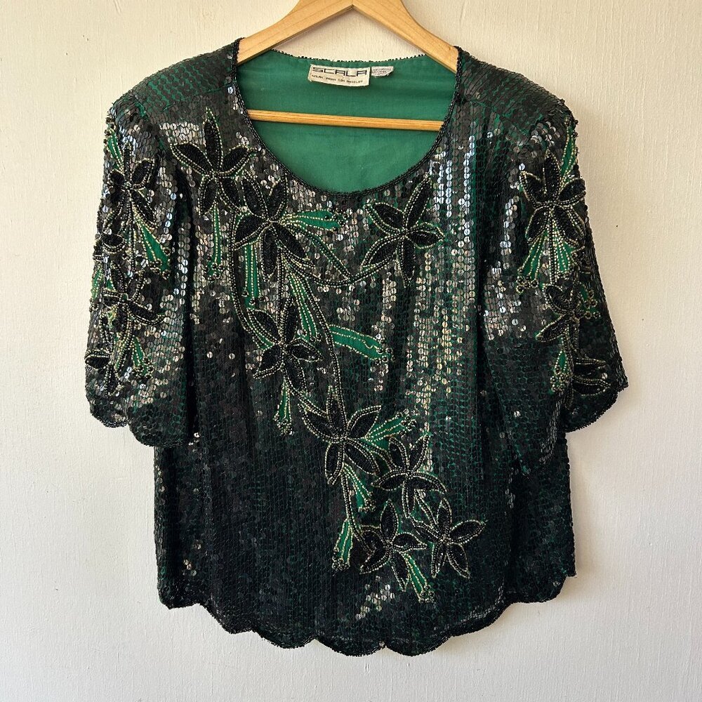 Scala Full Sequin Silk Blouse Womens Large VTG Black Green Floral Party Sparkle